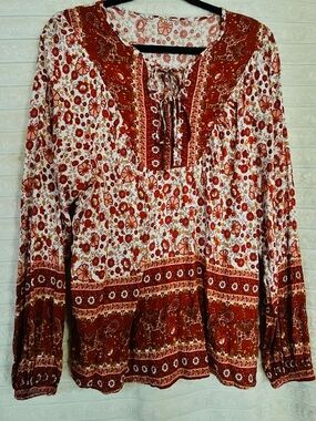 NWOT Women's Red Floral Boho Tunic Top with Tie Neck